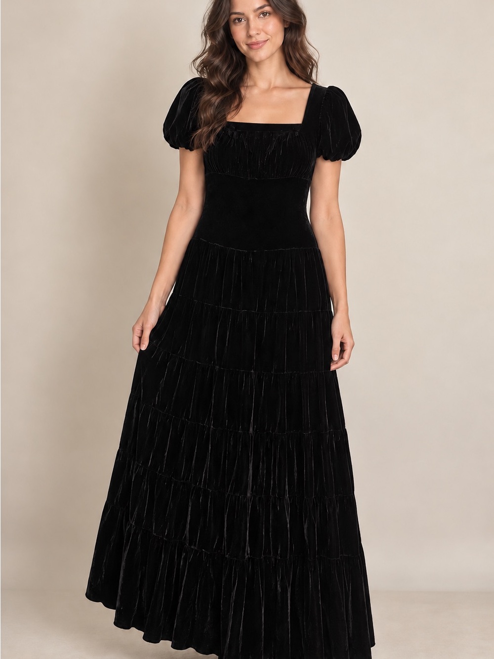 🖤 Gorgeous Elegant Black Velvet Puff Sleeve Tiered Maxi Dress
